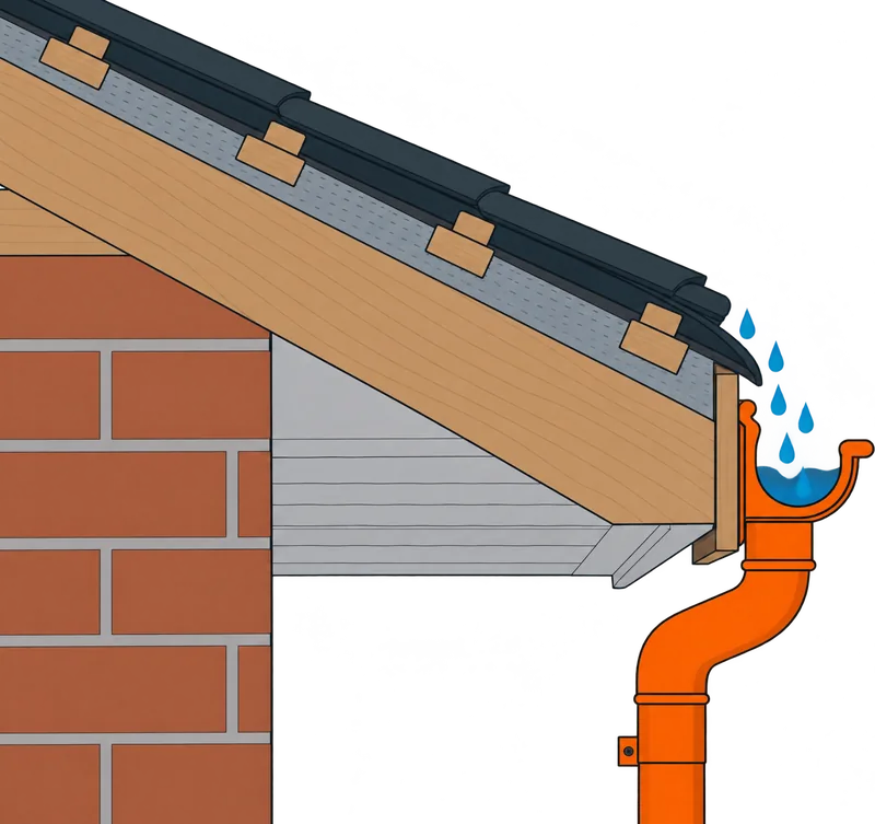 Illustration of the eaves of a pitched roof showing tiles, battens, membrane, fascia, soffit, gutter and downpipe