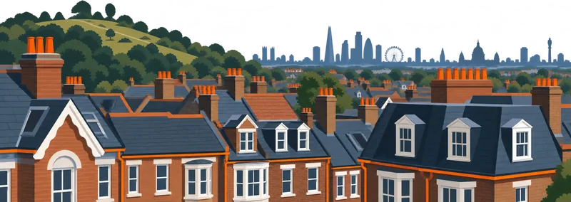 Illustration of a north London rooftop view with terraced roofs, chimneys and the central London skyline
