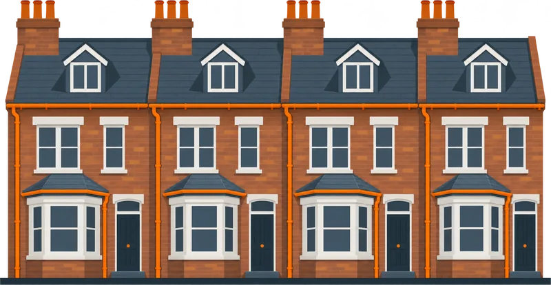 Illustration of a row of London Victorian terraced houses with slate roofs, chimney stacks and orange gutters and downpipes