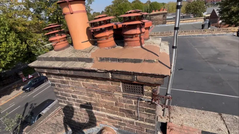 Clay chimney pots with cowls on a brick chimney stack, seen from the roof with the street below