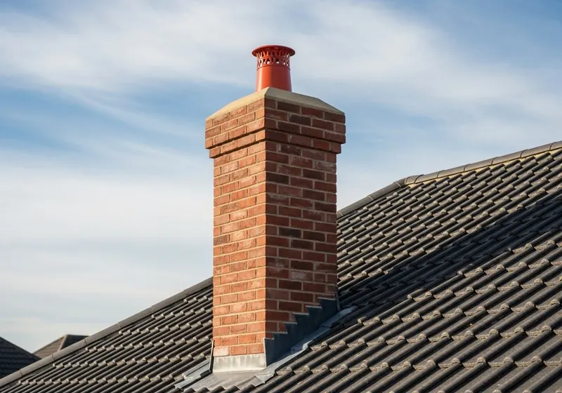 Red brick chimney with a clay pot and stepped lead flashing on a dark tiled roof