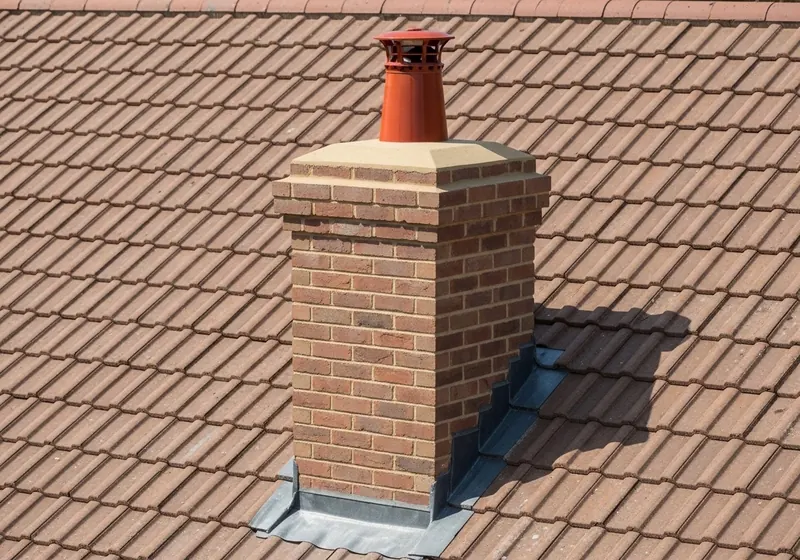 Red brick chimney with a stone cap, clay pot and lead flashing on a brown tiled roof