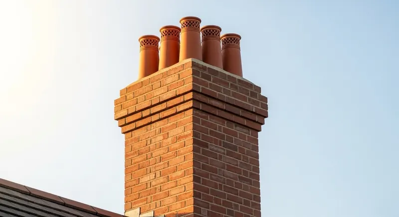 Red brick chimney stack with five clay chimney pots against a pale sky