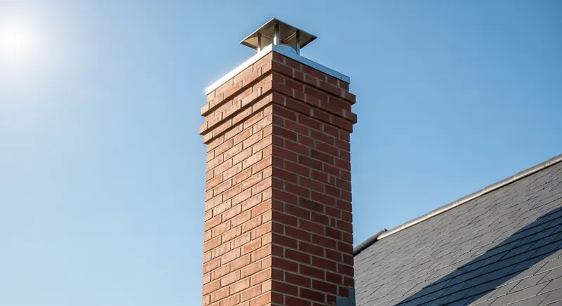 Tall red brick chimney stack with a metal cowl against a blue sky beside a slate roof