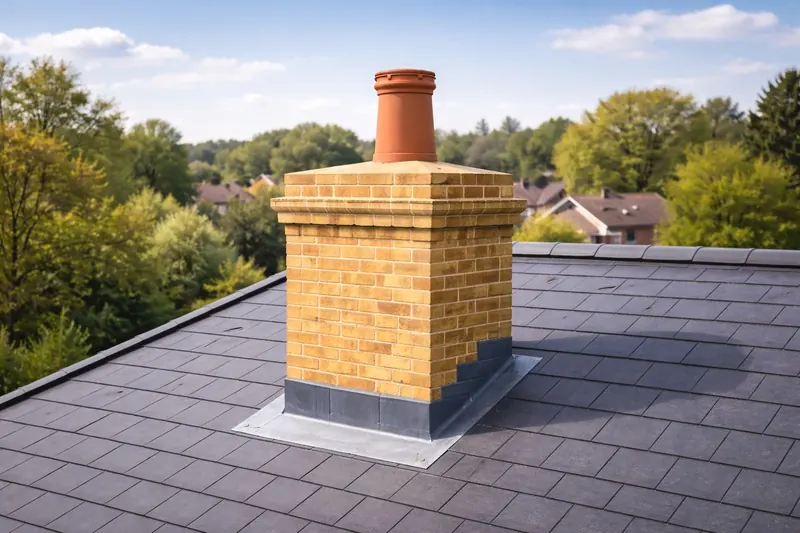 Buff brick chimney stack with a clay pot and lead flashing on a slate roof