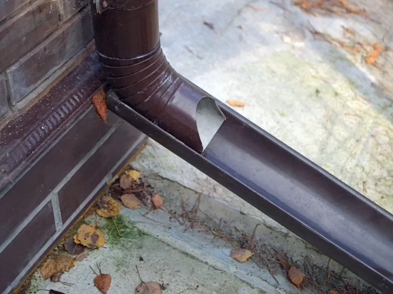Brown downpipe split open at a joint on a flat roof, with leaves and moss around it