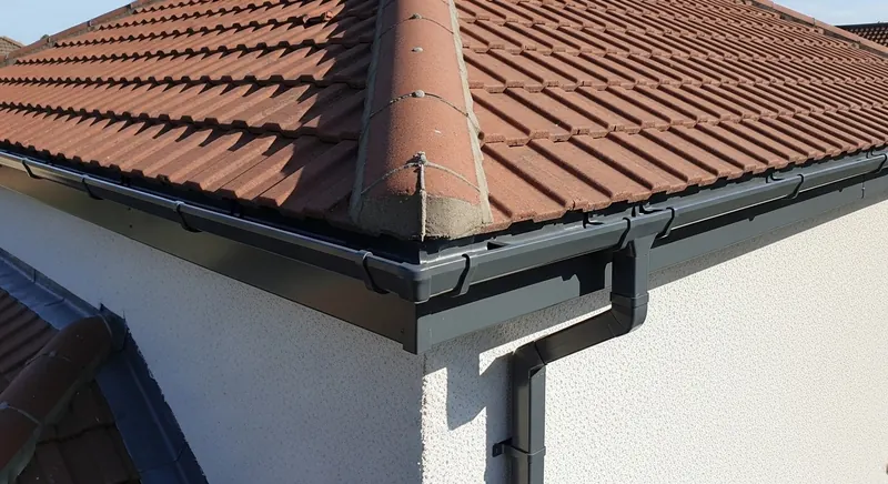 Grey gutter and downpipe at the eaves of a rendered house with a red tiled roof