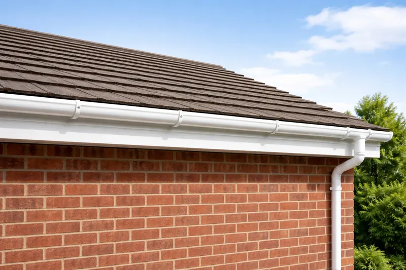 White gutter and downpipe along the eaves of a red brick house with a tiled roof